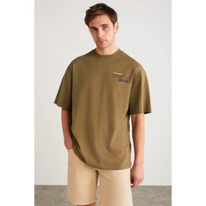 Allen Erkek Pamuklu Önü Ve Arkası Baskılı Kısa Kollu Oversize Haki T-Shirt