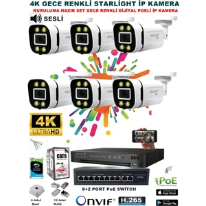 6 Kameralı Sesli 4K 1440P Full Hd Poeli Ip Kamera Gece Renkli Ultra Hd Çözünürlük Kamera Sistemi