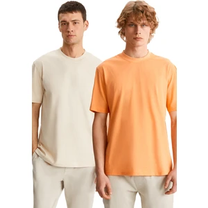 Daxton Erkek Pamuk 2'li Paket Kısa Kollu Regular Fit Baskılı Trncu/bej T-Shirt
