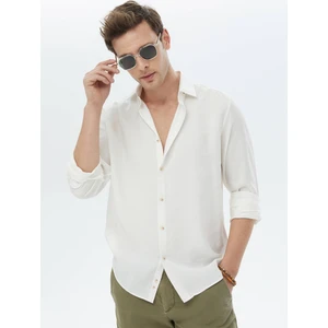 Ekru Düz Regular Fit Dokuma Casual Gömlek
