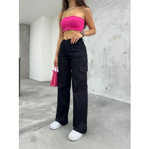 Siyah Kargo Cepli Likralı  Yüksek Bel Wide Leg Pantolon