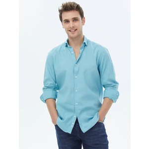 Turkuaz Düz Regular Fit Dokuma Casual Pamuk Karışımlı Gömlek