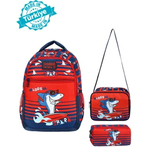 Lisanslı Lacivert-Kırmızı  Köpekbalığı Desenli Okul Sırt Çanatası,beslenme Çantası ve Kalemlik