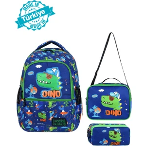 Lisanslı Lacivert-Yeşil Dinazor Desenli Ilkokul Erkek Sırt Çantası,beslenme Çanteası ve Kalemlik