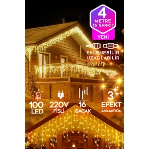 Sarı LED Işık Sarkıt Efekt Modlu 4 Metre 100 LED 16 Saçak Iç & Dış Dekor Süsleme 220V Fişli