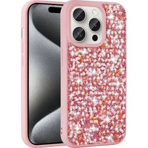 Apple iPhone 15 Pro Max Kılıf Parlak Taşlı Tasarım Linea Kapak - Pembe