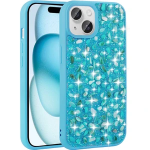 Apple iPhone 15 Kılıf Parlak Taşlı Tasarım Linea Kapak - Mavi Açık