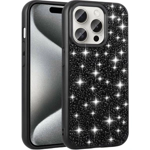 Apple iPhone 15 Pro Kılıf Parlak Taşlı Tasarım Linea Kapak - Siyah