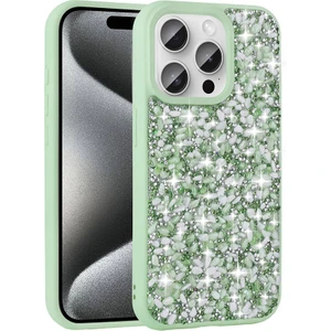 Apple iPhone 15 Pro Max Kılıf Parlak Taşlı Tasarım Linea Kapak - Açık Yeşil