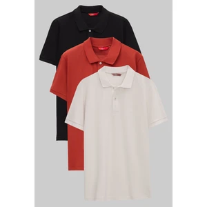 D'S Damat Regular Fit Siyah/kiremit/taş Pike Dokulu %100 Pamuk Polo Yaka T-Shirt