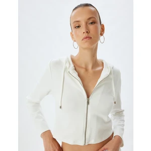 Kapüşonlu Crop Sweatshirt Basic Fermuarlı Viskon