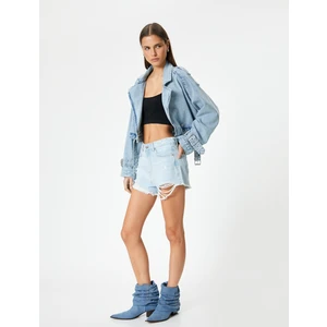 Mini Kot Şort Yıpratmalı Cepli Yüksek Bel