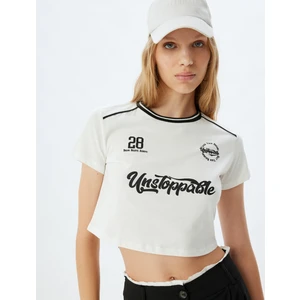Crop T-Shirt Slogan Baskılı Bisiklet Yaka Biyeli Slim Fit