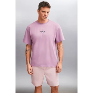 Jake Erkek %100 Organik Pamuklu Kalın Dokulu Kumaş Baskı Detaylı Oversize Mürdüm T-shirt