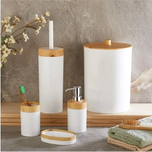 Tekno Trust Plastik Limpia Bambu Desenli Beyaz 5'Li Banyo Seti Çöp Kovası Sıvı Sabunluk Diş Fırçalık Beyaz 5