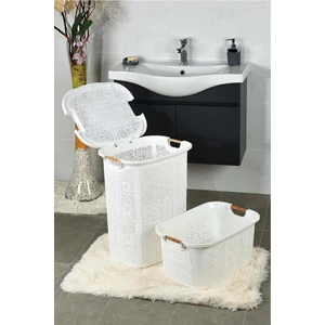 Woow Ahşap Saplı Set Beyaz Kirli Sepeti ve Çamaşır Sepeti - Kapaklı Banyo Seti