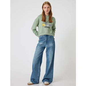 Oversize Crop Sweatshirt Kapüşonlu Kedi Baskılı