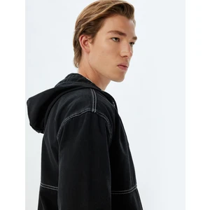 Kapşonlu Kot Ceket Oversize Fermuarlı Cep Detaylı Pamuklu