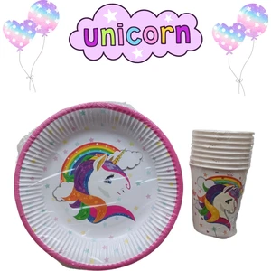 Ngüzel Party Unicorn Temalı Doğum Günü 8 Adet Karton Tabak + 8 Adet Karton Bardak Seti