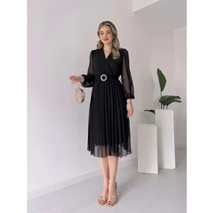 Kadın Şifon Kumaş Astalı Kloş Kesim Kruvaze Yaka Midi Boy Elbise