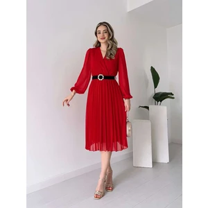 Kadın Şifon Kumaş Astalı Kloş Kesim Kruvaze Yaka Midi Boy Elbise