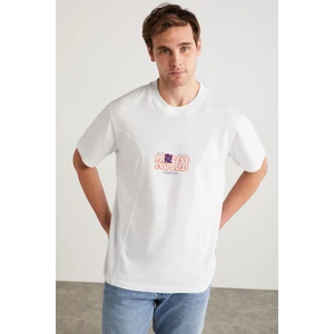 Manuel Erkek Pamuklu Baskı ve Nakış Detaylı Bisiklet Yaka Kısa Kollu Beyaz T-Shirt