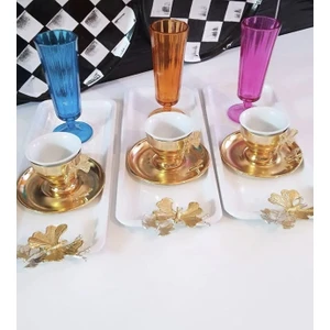 Elzem Tepsi 3 Lü Beyaz Renk Dikdörtgen Model Sunum Tepsisi Kelebek Aksesuarlı