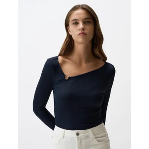 Jimmy Key Lacivert Asimetrik Yaka Uzun Kollu Dar Kesim Bluz