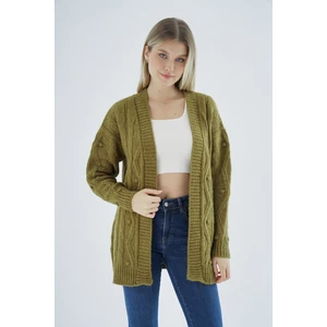 Trist Star Kadın Olive Oversize Pon Ponlu Yürütme Örgülü Uzun Yün Karışımlı Triko Örme Hırka TRIST-6165