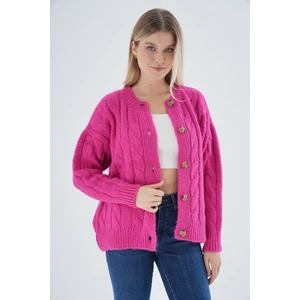 Trist Star Kadın Fuşya Oversize Bisiklet Yaka Düğmeli Saç Örgülü Yün Karışımlı Triko Örme Hırka TRIST-6166