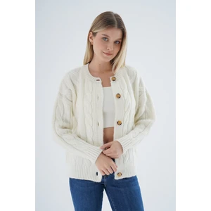 Trist Star Kadın Kemik Oversize Bisiklet Yaka Düğmeli Saç Örgülü Yün Karışımlı Triko Örme Hırka TRIST-6166