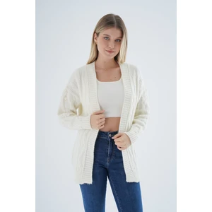 Trist Star Kadın Kemik Oversize Pon Ponlu Yürütme Örgülü Uzun Yün Karışımlı Triko Örme Hırka TRIST-6165