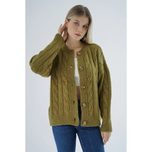 Trist Star Kadın Olive Oversize Bisiklet Yaka Düğmeli Saç Örgülü Yün Karışımlı Triko Örme Hırka TRIST-6166