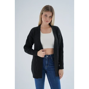 Trist Star Kadın Siyah Oversize Pon Ponlu Yürütme Örgülü Uzun Yün Karışımlıtriko Örme Hırka TRIST-6165