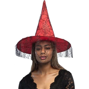 Halloween Sarkan Dantelli Cadı Şapkası Yetişkin Kırmızı Renk 1 Adet 40 cm
