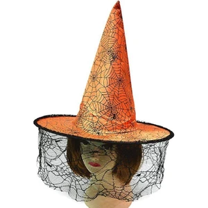 Halloween Sarkan Dantelli Cadı Şapkası Yetişkin Turuncu Renk 1 Adet 40 cm