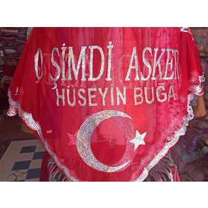 Kişiye Özel Isim Soyadlı Kırmızı Asker Şalı Kına Örtüsü Tirşe eldivenli