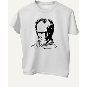 %100 Pamuk Standart Kesim Sıfır Yaka Kısa Kollu Siyah Atatürk Baskılı Beyaz 23 Nisan Çocuk T-Shirt