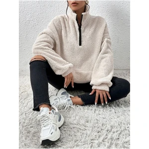 Kadın Ekru Düz Oversize Yarım Fermuarlı Yumuşak Dokulu Peluş Sweatshirt