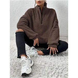 Kadın Kahverengi Düz Oversize Yarım Fermuarlı Yumuşak Dokulu Peluş Sweatshirt