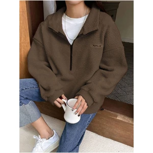 Kadın Kahve Fulfilling Life Baskılı Oversize Yarım Fermuarlı Yumuşak Dokulu Peluş Sweatshirt