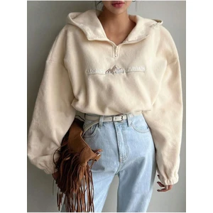 Kadın Bej Climbing Mountain Baskılı Oversize Yarım Fermuarlı Kapüşonlu Polar Sweatshirt