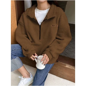Kadın Vizon Fulfilling Life Baskılı Oversize Yarım Fermuarlı Yumuşak Dokulu Peluş Sweatshirt