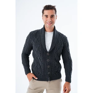 Trist Star Erkek Antrasit Şal Yaka Yürütme Saç Örgülü Düğmeli Yün Triko Örme Hırka TRIST-5341