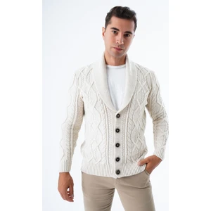 Trist Star Erkek Bej Şal Yaka Yürütme Saç Örgülü Düğmeli Yün Triko Örme Hırka TRIST-5341