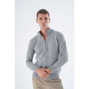 Trist Star Erkek Gri Dik Yaka Fermuarlı Düz Cepli Yün Triko Örme Hırka TRIST-5335
