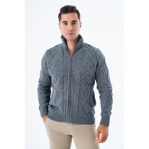 Trist Star Erkek Koyu Gri Yakası Kürklü Saç Örgü Yürütme Fermuarlı Cepli Yün Triko Örme Hırka TRIST-5329