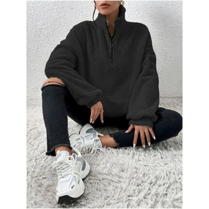Kadın Füme Düz Oversize Yarım Fermuarlı Yumuşak Dokulu Peluş Sweatshirt