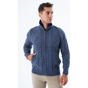 Trist Star Erkek Indigo Yakası Kürklü Saç Örgü Yürütme Fermuarlı Cepli Yün Triko Örme Hırka TRIST-5329