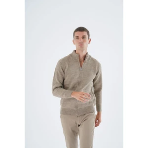 Trist Star Erkek Vizon Dik Yaka Fermuarlı Düz Cepli Yün Triko Örme Hırka TRIST-5335